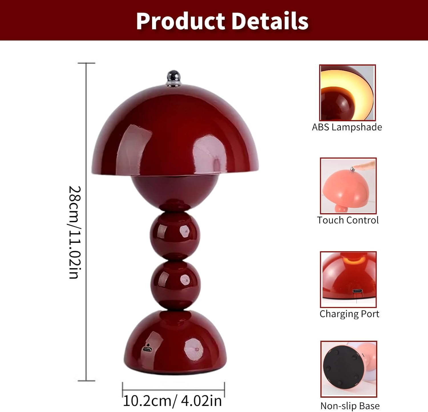 Cordless Table Lamp, 3-Color Dimmable & Touch Control Bedsied Rechargeable Desk Light, Portable Battery Powered Mushroom Lamp for Bedroom Nightstand, Kitchen, Office, Outdoor Decor (Drak Red)