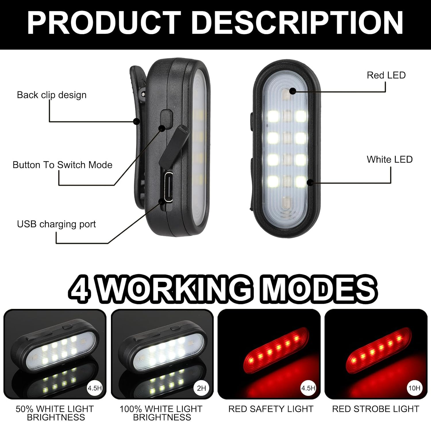 Rechargeable LED Safety Lights, Waterproof Hands-Free Running Lights Compact Warning Flashlight with 3 Modes (Continuous & Flashing Light) for Night Jogging Hiking Camping Outdoor Adventures (2Black)