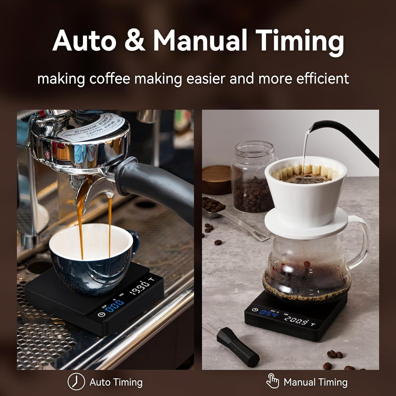Mini Coffee Scale with Timer, Espresso Scale with Auto Timing, 3 Mode for Espresso Machine and Pour Over, 2Kg/0.1G High Precision Scale, Anodized Aluminum Body with LED Display, Rechargeable image number 1