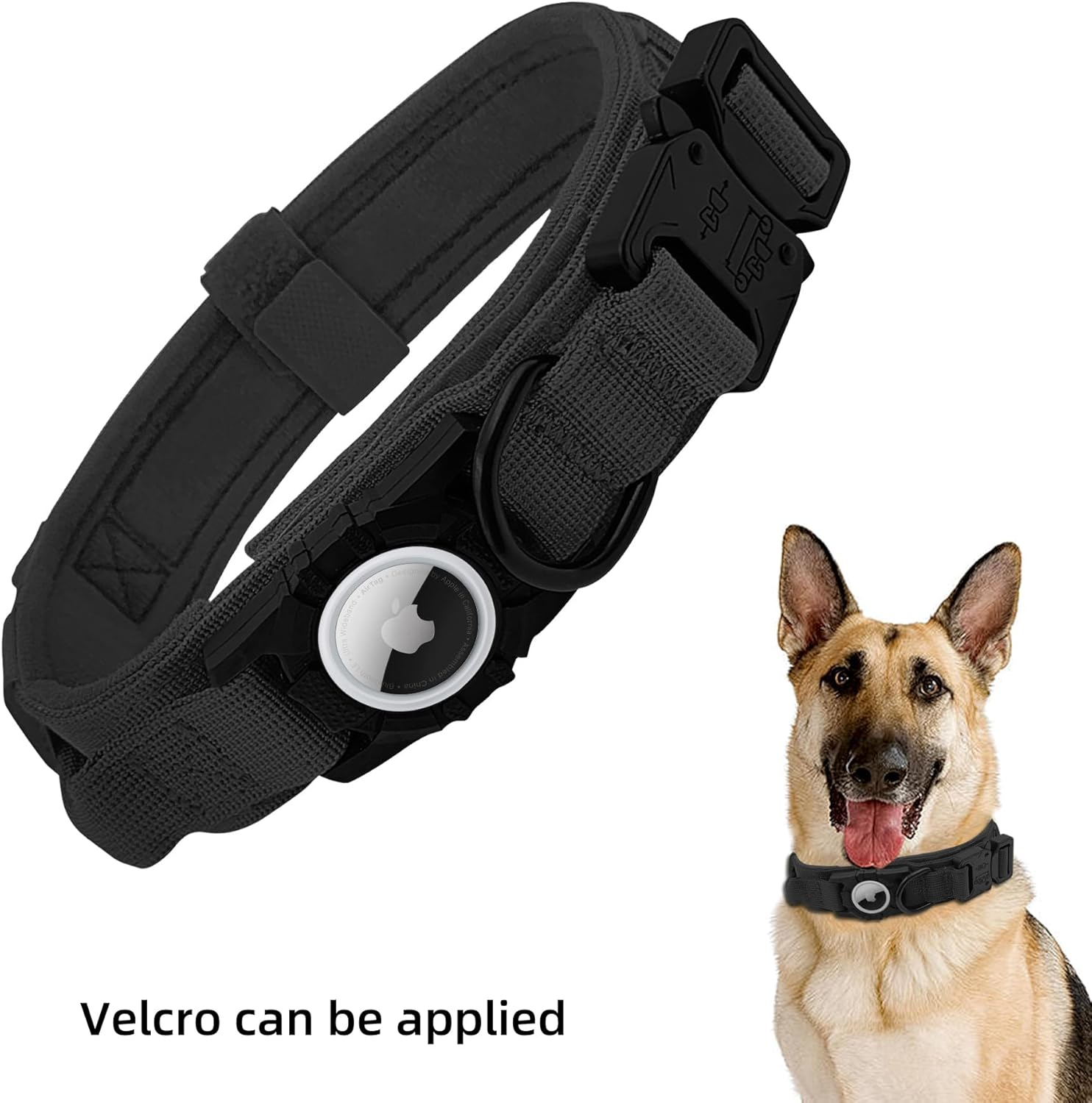 For Airtag Dog Collar - Tactical, Heavy Duty, Adjustable GPS Dog Collar Compatible with Airtag, with Holder & Control Handle for Large Dogs, Double Locking Metal Carabiner [Black, image number 5