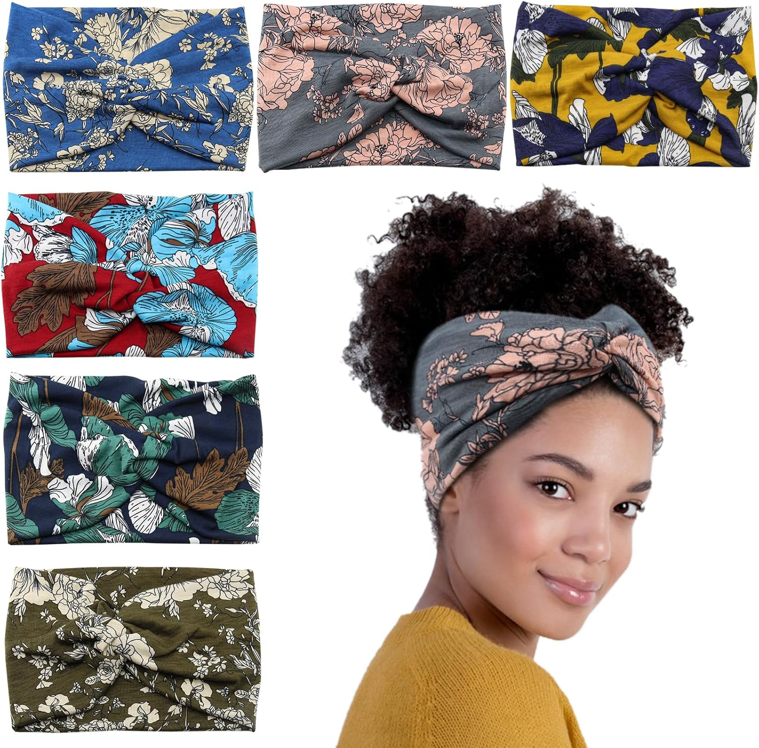 Carede Wide African Headbands for Women Boho Twist Head Bands Elastic Turban Headwraps for Lady Yoga Sports Workout Stretchy Hairband,Pack of 8