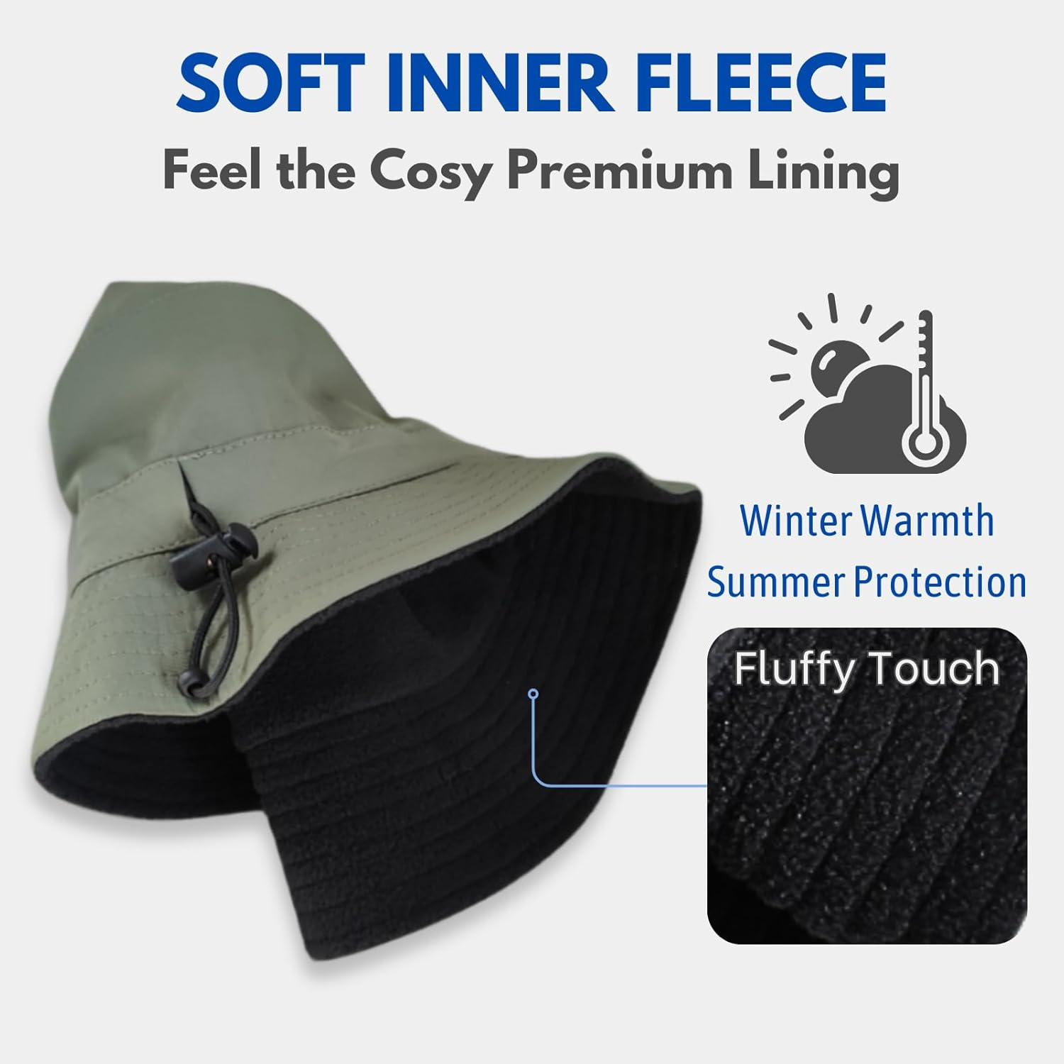 OZ SMART Australia Winter Big Head Bucket Hat with Inner Fleece, Men/Women Wide Brim Bucket Hat for Fishing Camping with Chin Strap UPF 50 UV image number 5