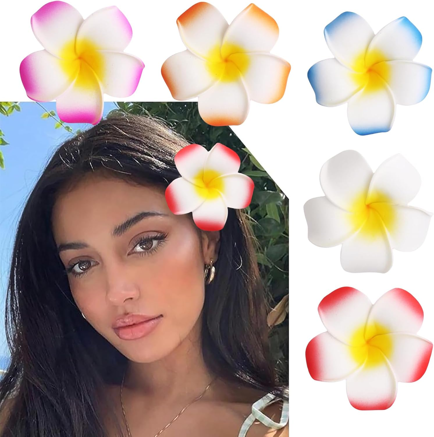 Nayyana 5 Pieces Hawaiian Flower Hair Clips Hawaiian Plumeria Hair Clip Artificial Flower Clips Hair Accessories for Holiday Beach Party Hairpin for Girls Wedding Holiday image number 4