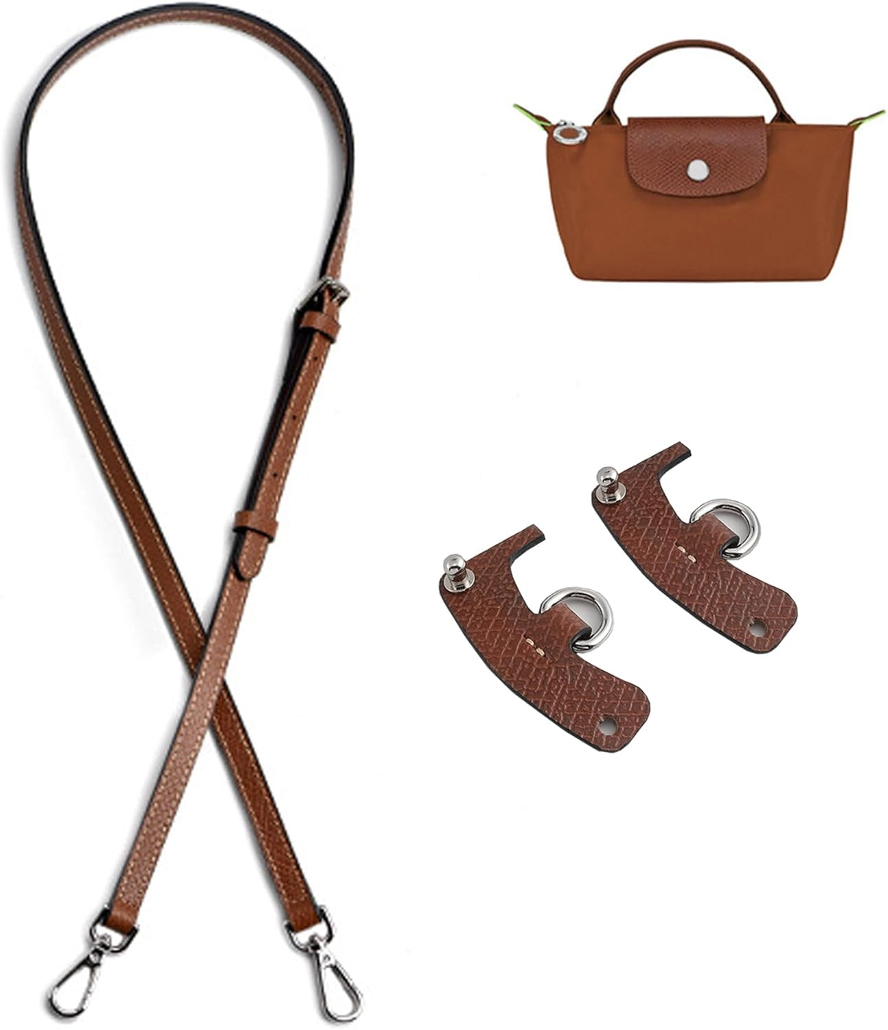 Le PLIAGE Replacement Crossbody Strap, Punch-Free Leather Shoulder Strap for Small Bag, Handbag, Clutch - Brown-Silver