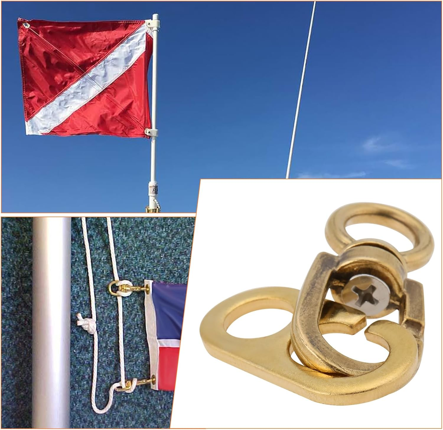 YINETTECH 2 Pcs Brass Boate Flagpole Swivels 77Mm Flag Pole Accessories for Connecting Flags Flag Pole Mounting Ring Clips Gold image number 2