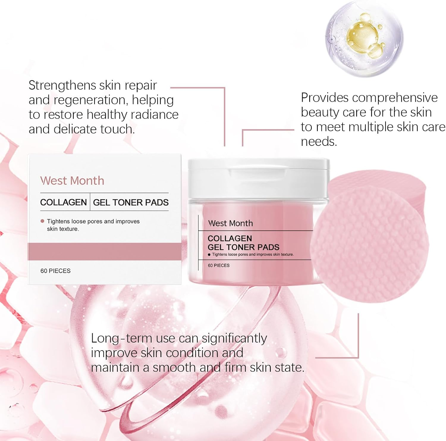 Collagen Gel Toner Pads, 60 Pieces, Reduce Fine Lines and Enhance Skin Radiance，Enhance Skin Elasticity and Firming Effect