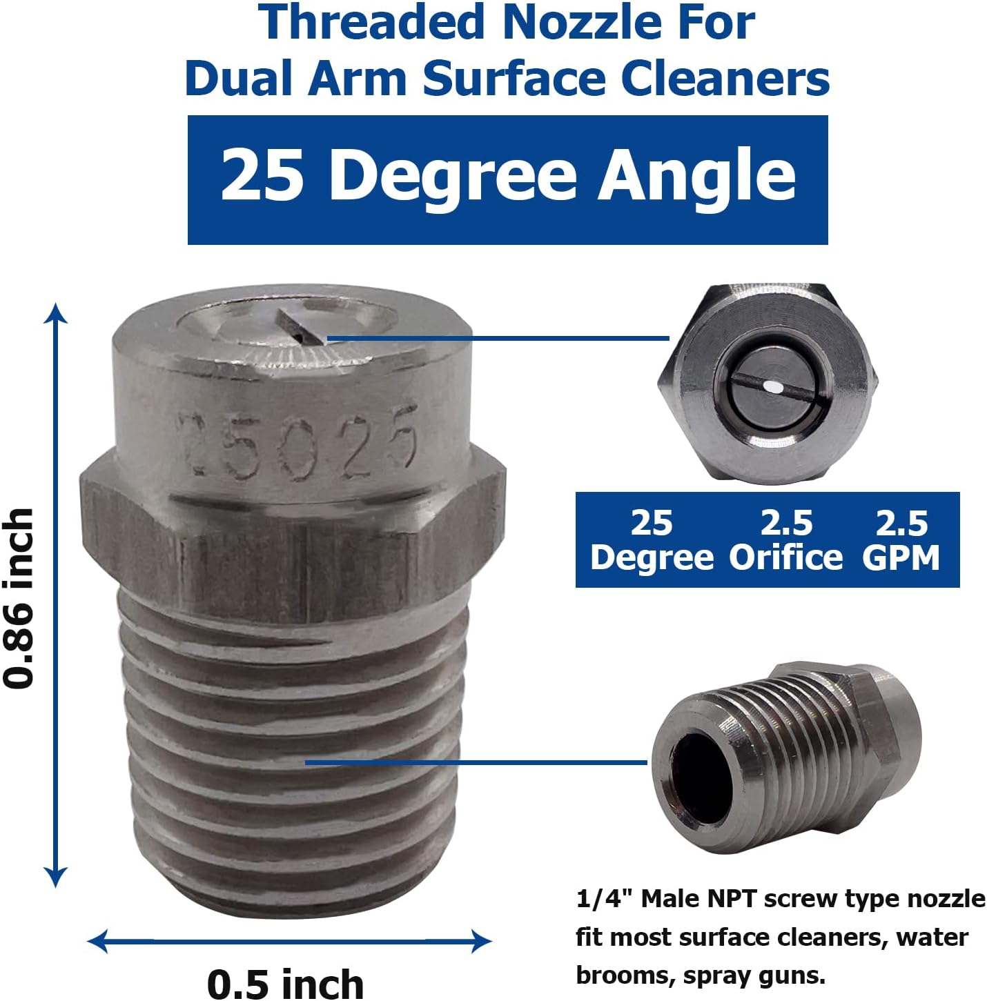 SOLIVEDE 25025 Surface Cleaner Tips for Pressure Washer Nozzles with 2.5 Orifice, 4000 PSI, 1/4'' Male NPT, Stainless Steel (8 Pack)