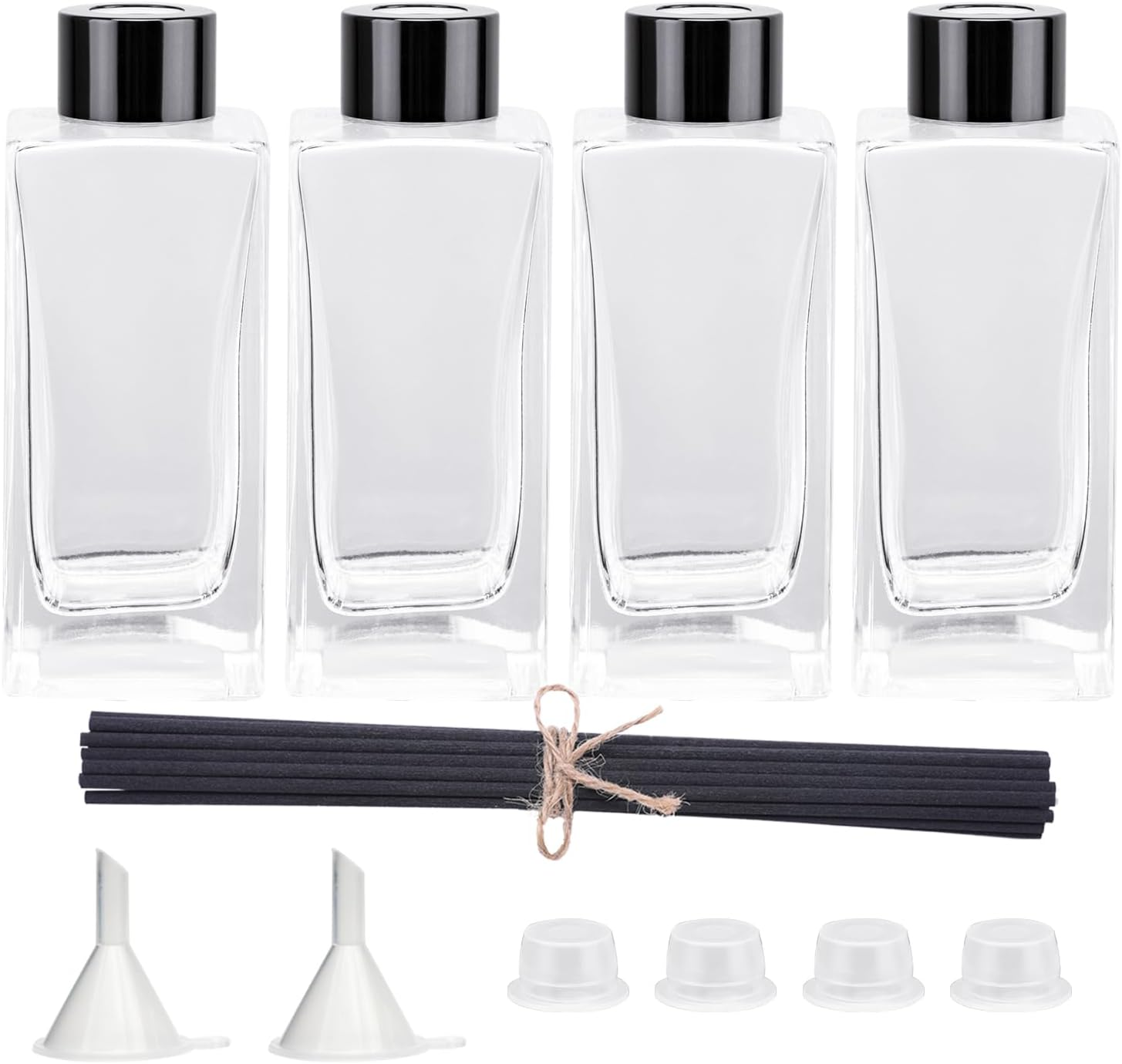 4PCS Empty Glass Fragrance Reed Diffuser Bottles, Refillable Diffuser Bottles with 20Pcs Reeds Sticks & Black Caps & Funnel, Diffuser Jars for Home Oil Fragrance Decoration (50ML) image number 5