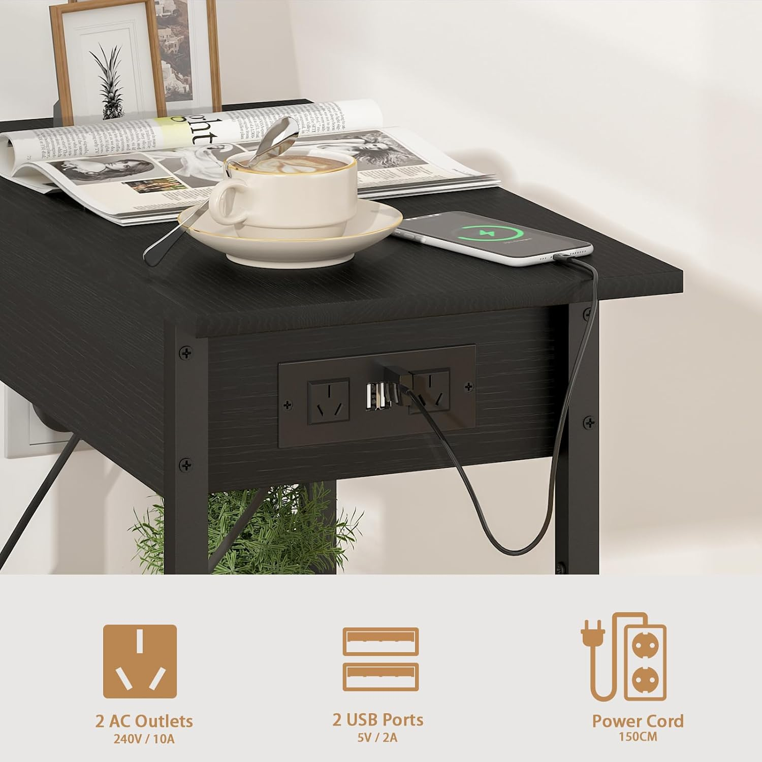 Advwin Sofa Side Table with Charging Station Narrow Flip Top Bedside End Table with AC Outlets and USB Ports Small Night Stand with Open Shelf for Livingroom Bedroom Office Study, Black - Black image number 3