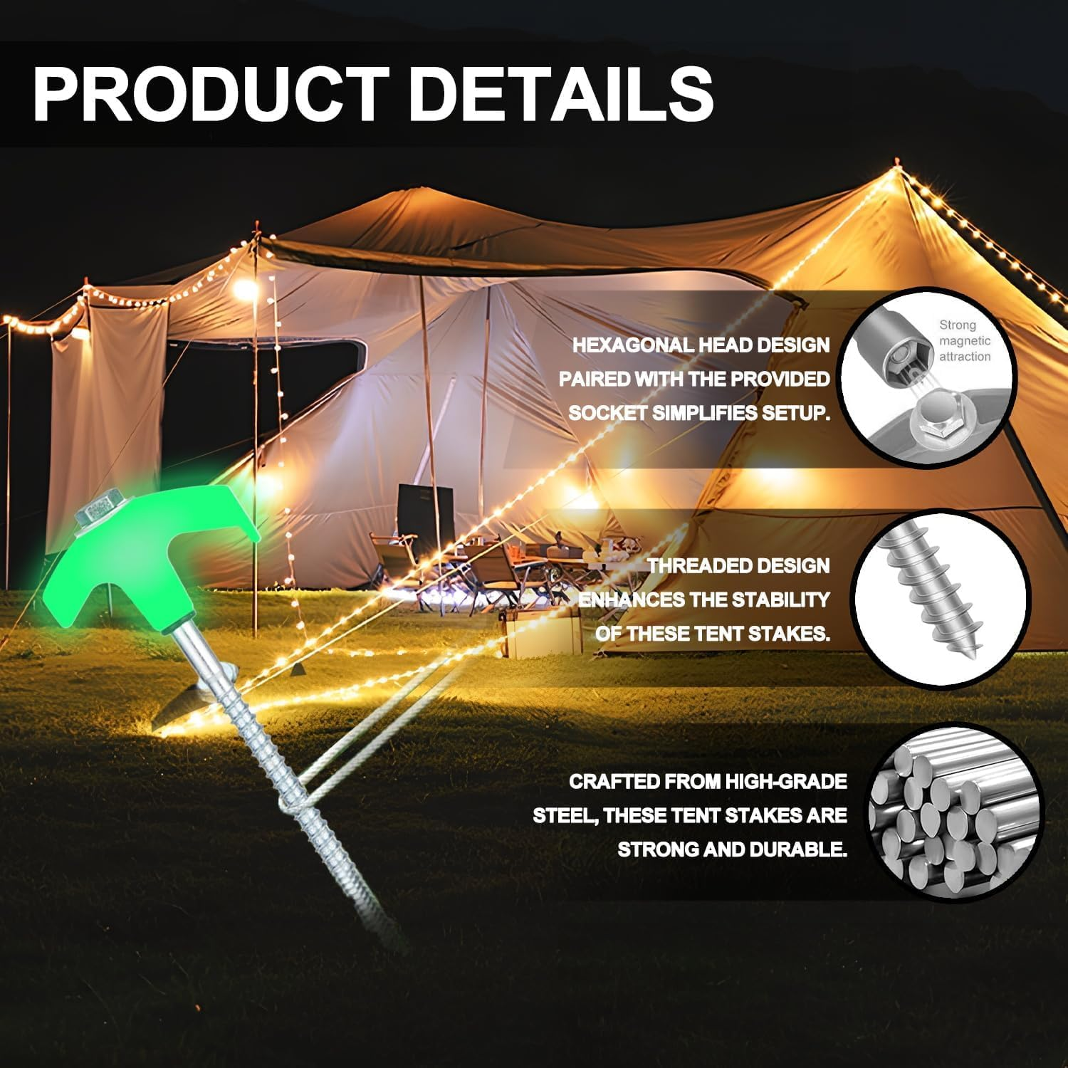 8Pack Tent Stakes-8&rdquo; Drill in Heavy Duty Ground Pegs Screw in Camping Stakes with Hex Head Driver Spikes Puller Protector Ratchet in a Carrying Bag for Camping Hiking, Hammocks Accessories (White) - White image number 6