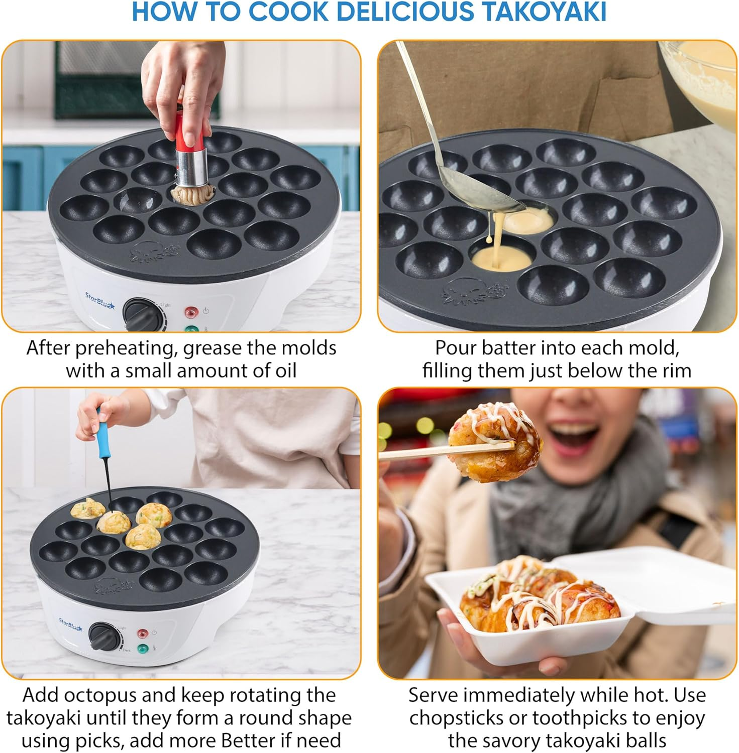 Starblue Takoyaki Maker Machine with FREE Takoyaki Picks - Temperature Control 18 Holes Electric Pan for Japanese Octopus Balls 220V 60Hz 700W UK Plug with AU Adapter image number 5