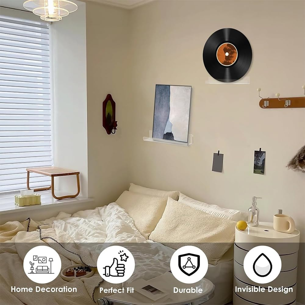 6PCS Vinyl Record Shelf, 12 Inch Vinyl Record Wall Mount Shelf Set, Storage Display Album Record Holder Clear Acrylic Floating Shelves for Wall Decor Album Covers Home Decoration Organization image number 1
