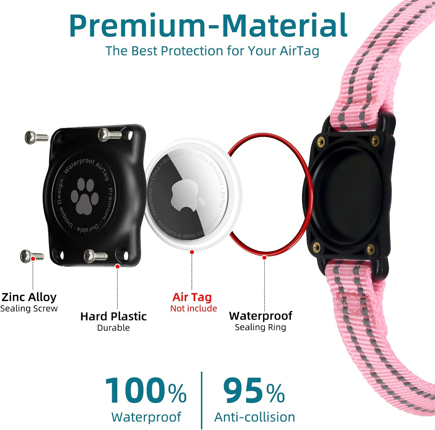 Airtag Dog Collar, 100% Waterproof Integrated Apple Air Tag Dog Collars, Reflective GPS Dog Collar with Hard PC Airtag Holder Case for Small Medium Large Dog (Pink)