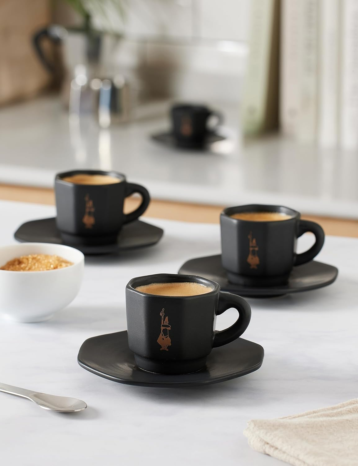 Bialetti - 4 Pieces Set of 8-Faced Espresso Coffee Cups with Gentleman with Moustaches Logo, Porcelain, White image number 6