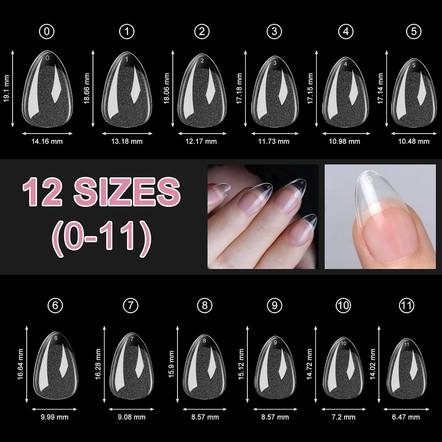 Short Almond Nail Tips - Clear Nail Tips, ZAHRVIA Soft Gel Full Cover for Soak off Nails Extensions Kit - 192PCS False Nails Acrylic12 Sizes (Short Almond)