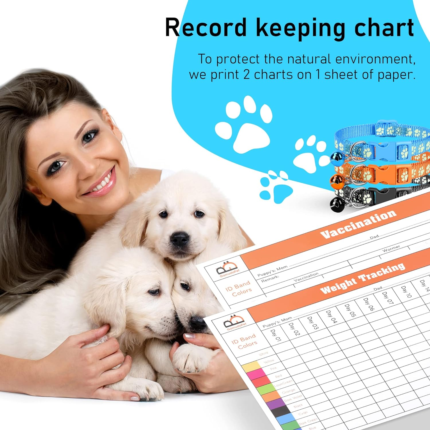 GAMUDA Puppy Collars, Super Soft Nylon Adjustable Whelping ID Bands, Footprint Pattern Litter Set with 2 Record Keeping Charts, 12 Pack (S) image number 3