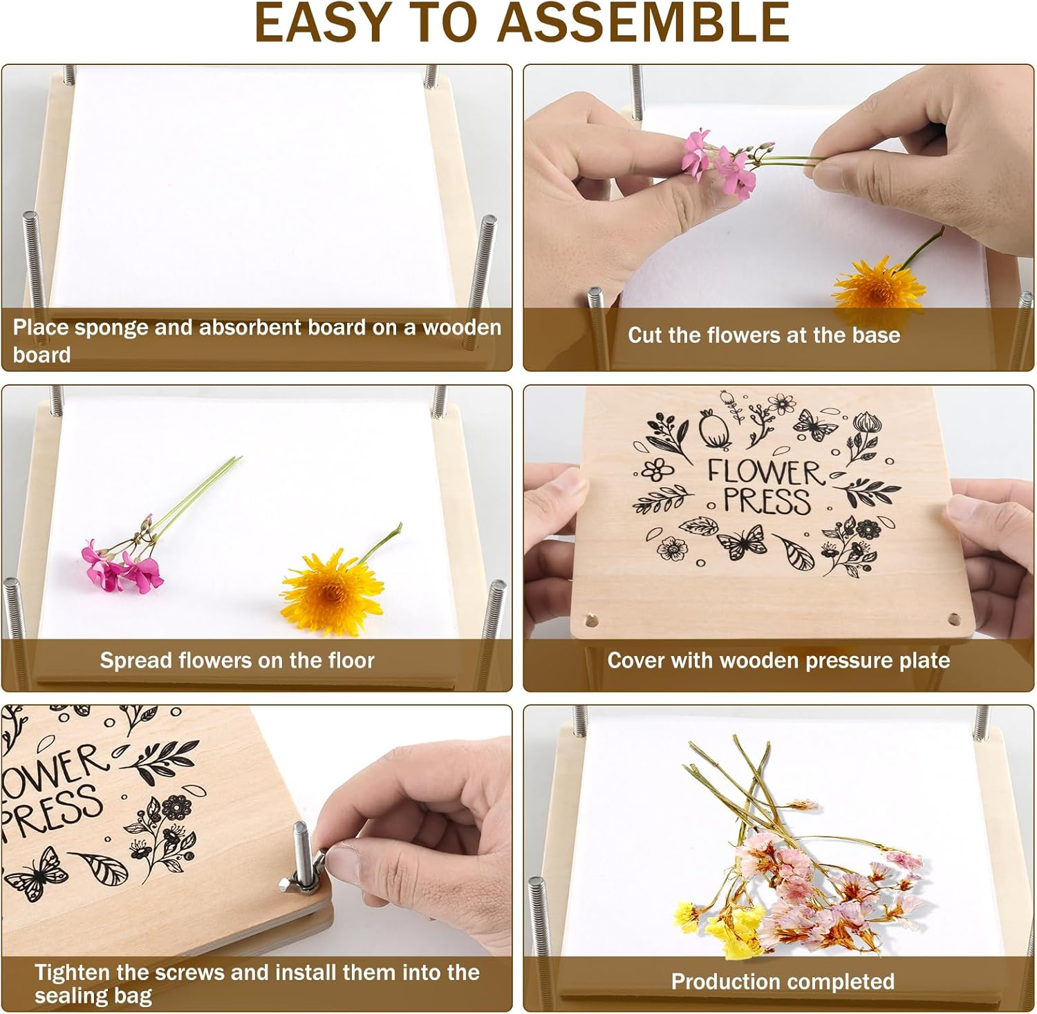 Flower Press Kit Wooden DIY Pressed Flower Plant Preservation Kit Professional Flower Press Kit Reusable Specimen Pressing Set for Kids Adults (1Pack) image number 3