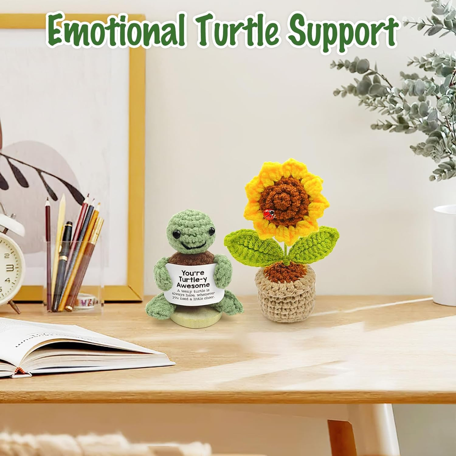 Mini Postive Crochet Funny Gift, 2PCS 3 Inch Cute Crochet Sunflower Pot Desk Decoration Toy with Positive Card for Dad Father Women Mom Best Friend Teacher Fall (Sunflower & Turtles) image number 2
