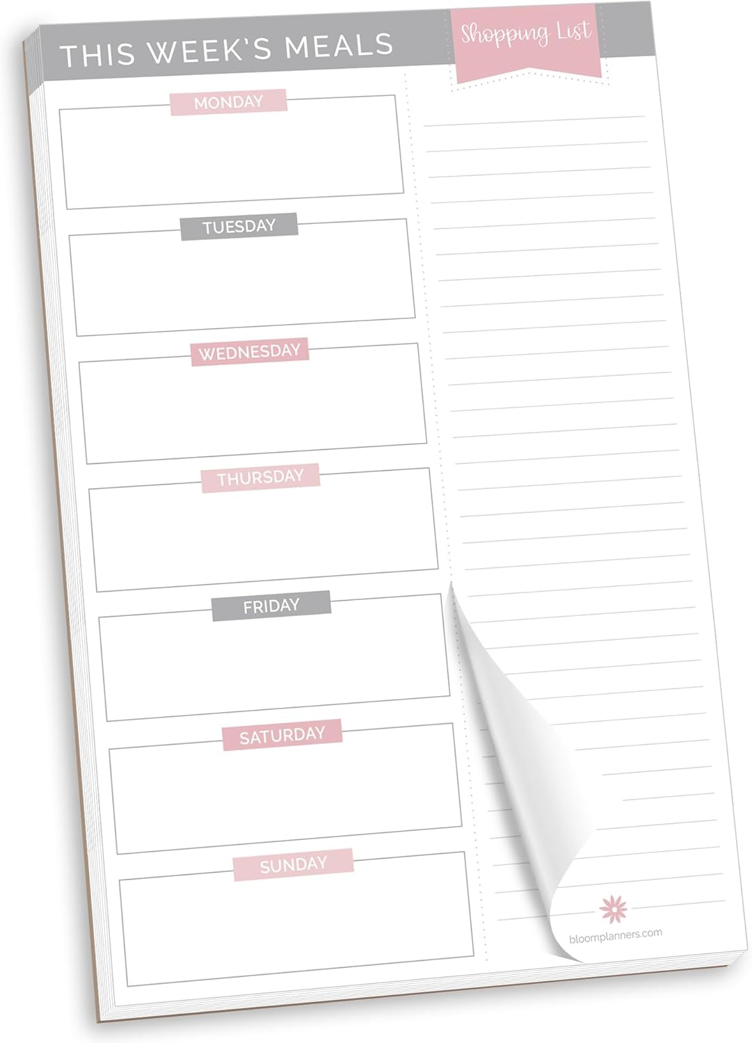 Bloom Daily Planners Weekly Meal Planning Pad - Magnetic Hanging Refrigerator Menu Planner with Tear-Off Sheets & Perforated Grocery Shopping Lists - 6X9 (Grey & Pink)