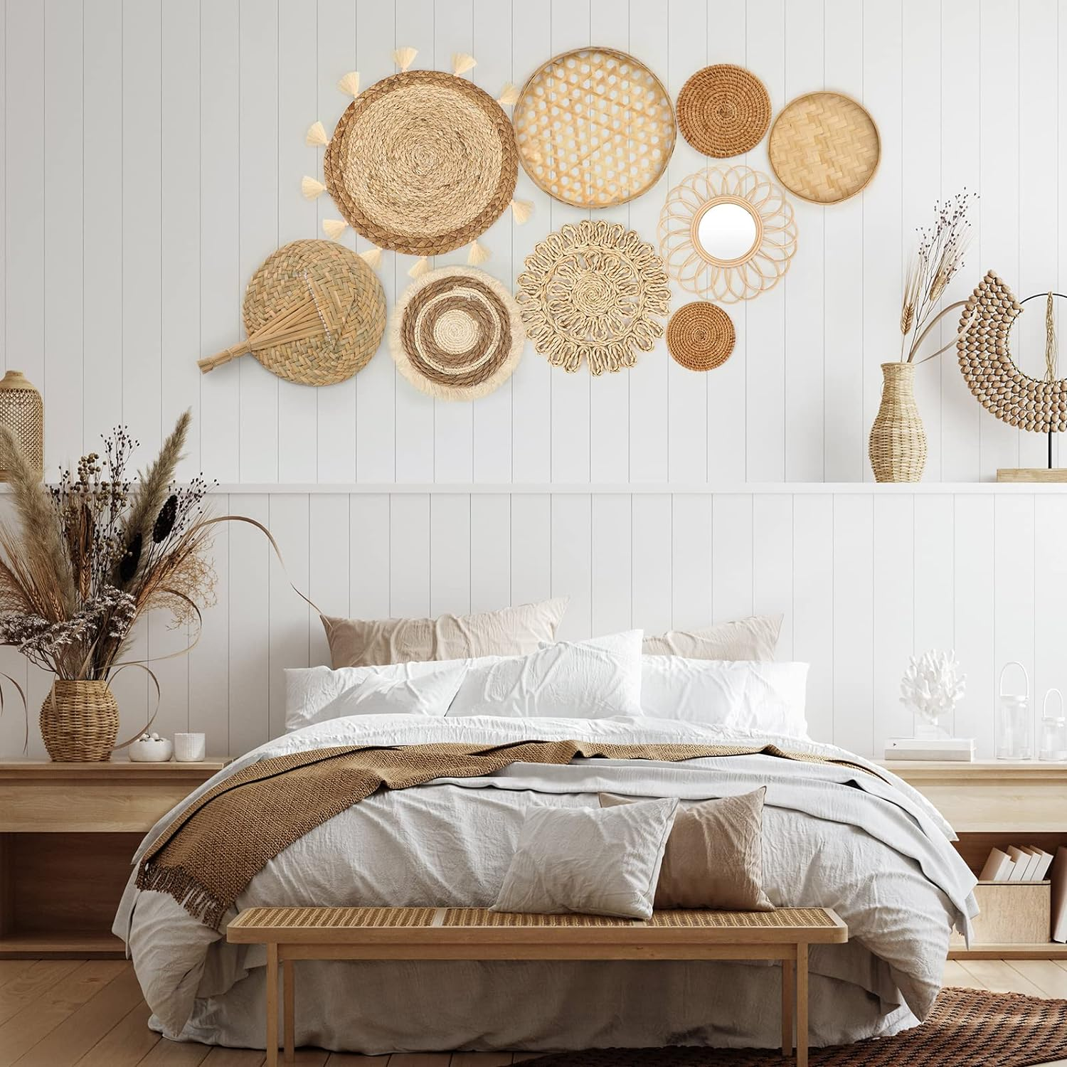 Unittype Set of 9 Wall Basket Decor Boho Hanging Rattan Wall Decor Flat round Wicker Mirror Woven Macrame Tassels Tapestry Bamboo Basket Handmade Serving Tray Art for Room Bedroom Living Room image number 3