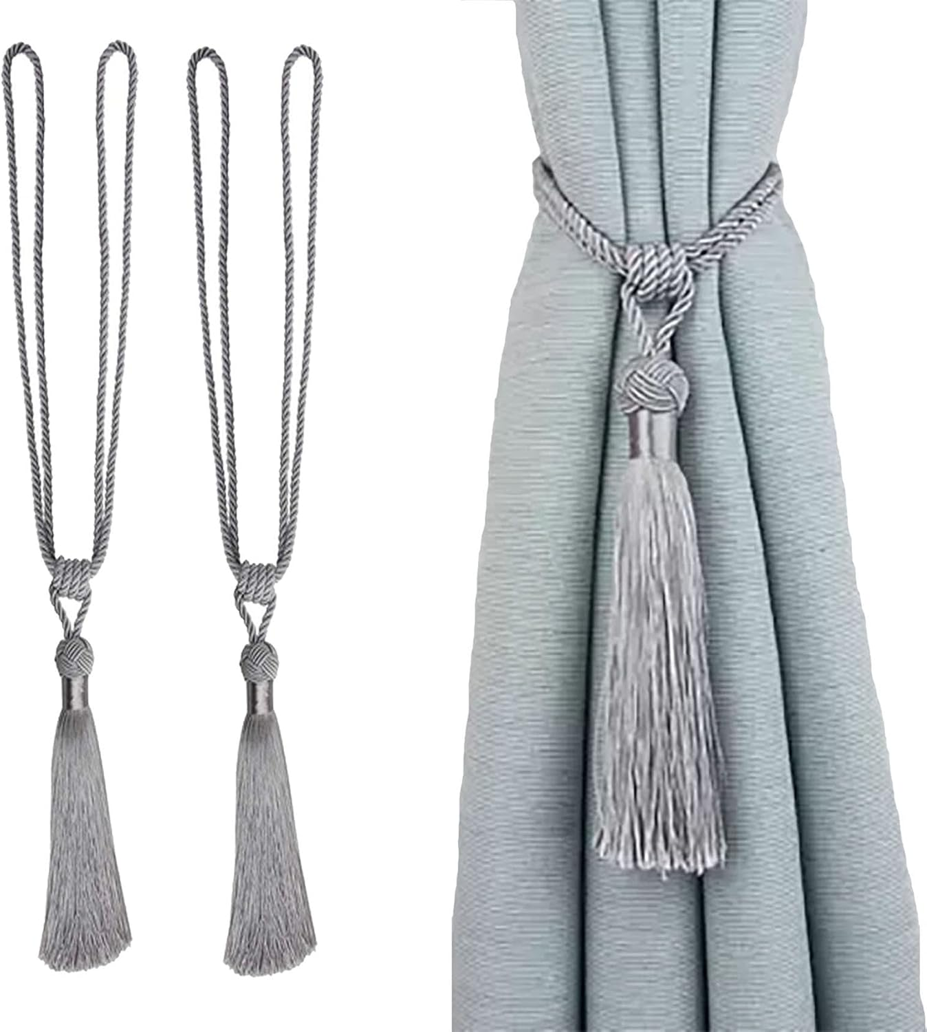 Curtain Tiebacks Handmade Rope Tassel Tie Backs Pair Curtain Holdbacks Curtain Liner Ties for Office Home Decorative Drapery Set of 2 (Silver, 2) - Black image number 7
