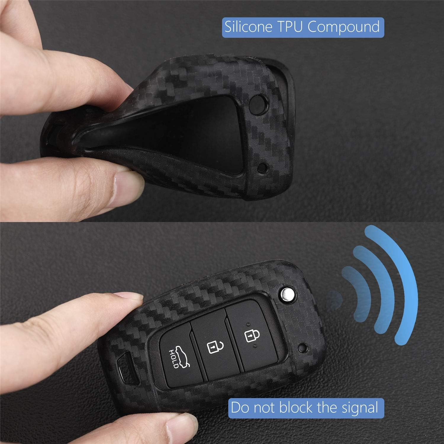 M.Jvisun Soft Silicone TPU Car Key Fob Cover for Hyundai Accent Elantra I30 I35 I40 Kona Santa Fe Solaris Tucson Veloster Auto Remote Key Protection Case - Carbon Fiber Pattern - round Keychain image number 1