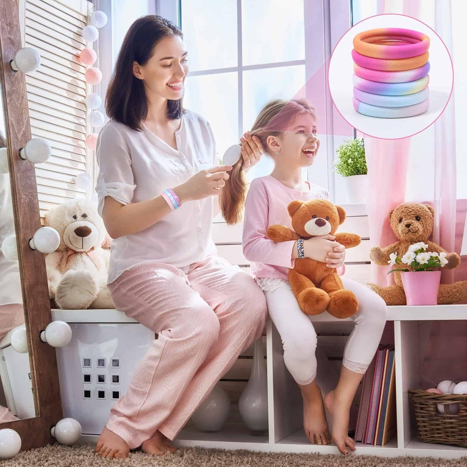 Anezus 54Pcs Hair Ties for Girls and Women, Nylon Hair Elastics Hair Bands Ponytail Holders Soft Hair Ties No Damage for Girls Thick Straight Curly Hair Multi-Colored - Black image number 6