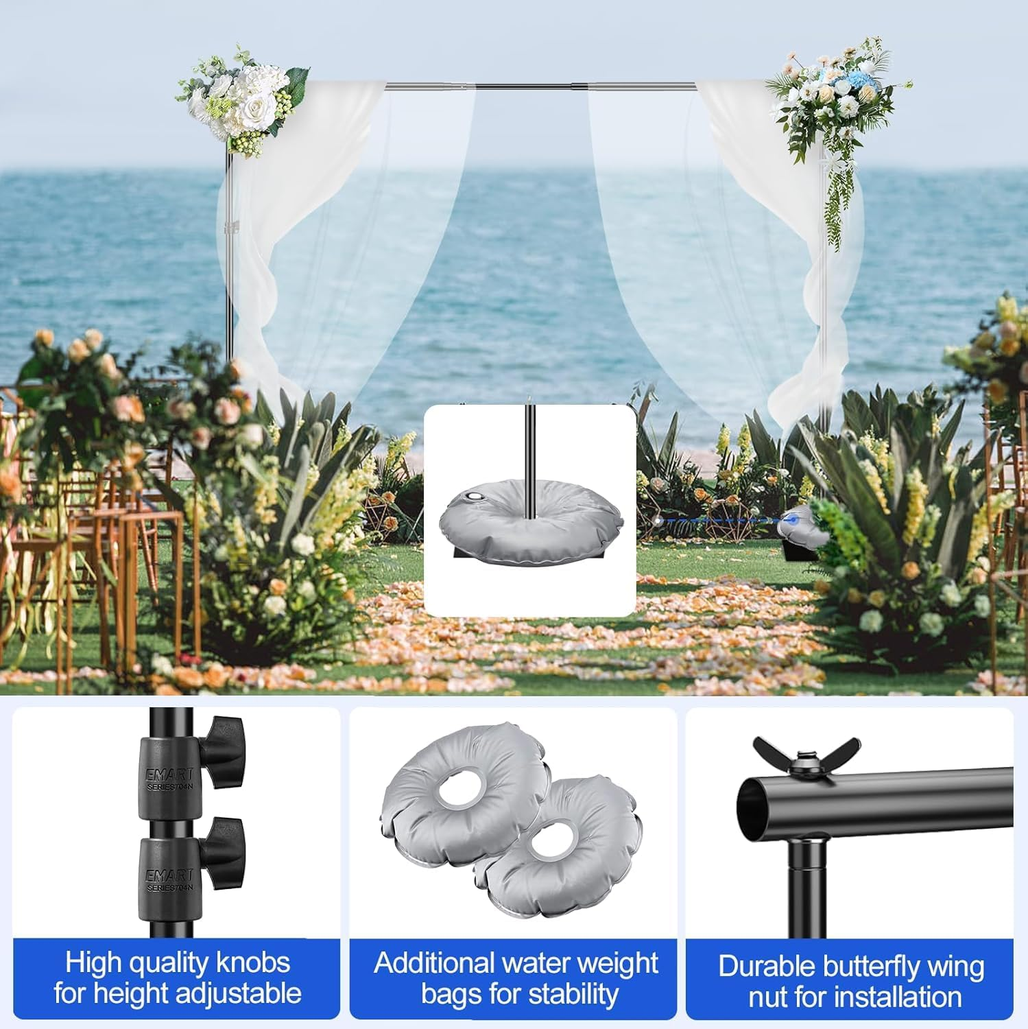 EMART Heavy Duty Background Stand, 10X10Ft/3X3M Adjustable Backdrop Support System Kit with Steel Base for Photography, Photo Video Studio, Birthday Parties Wedding Decoration -Black image number 5