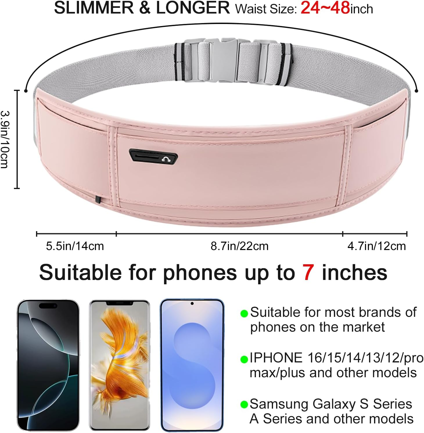 Slim Running Belt,Waist Pack,3-Pocket Waterproof Adjustable Fanny Pack with Hidden Water Bottle Pocket,Phone Holder for Running, Jogging, Hiking, Cycling(Black) image number 2