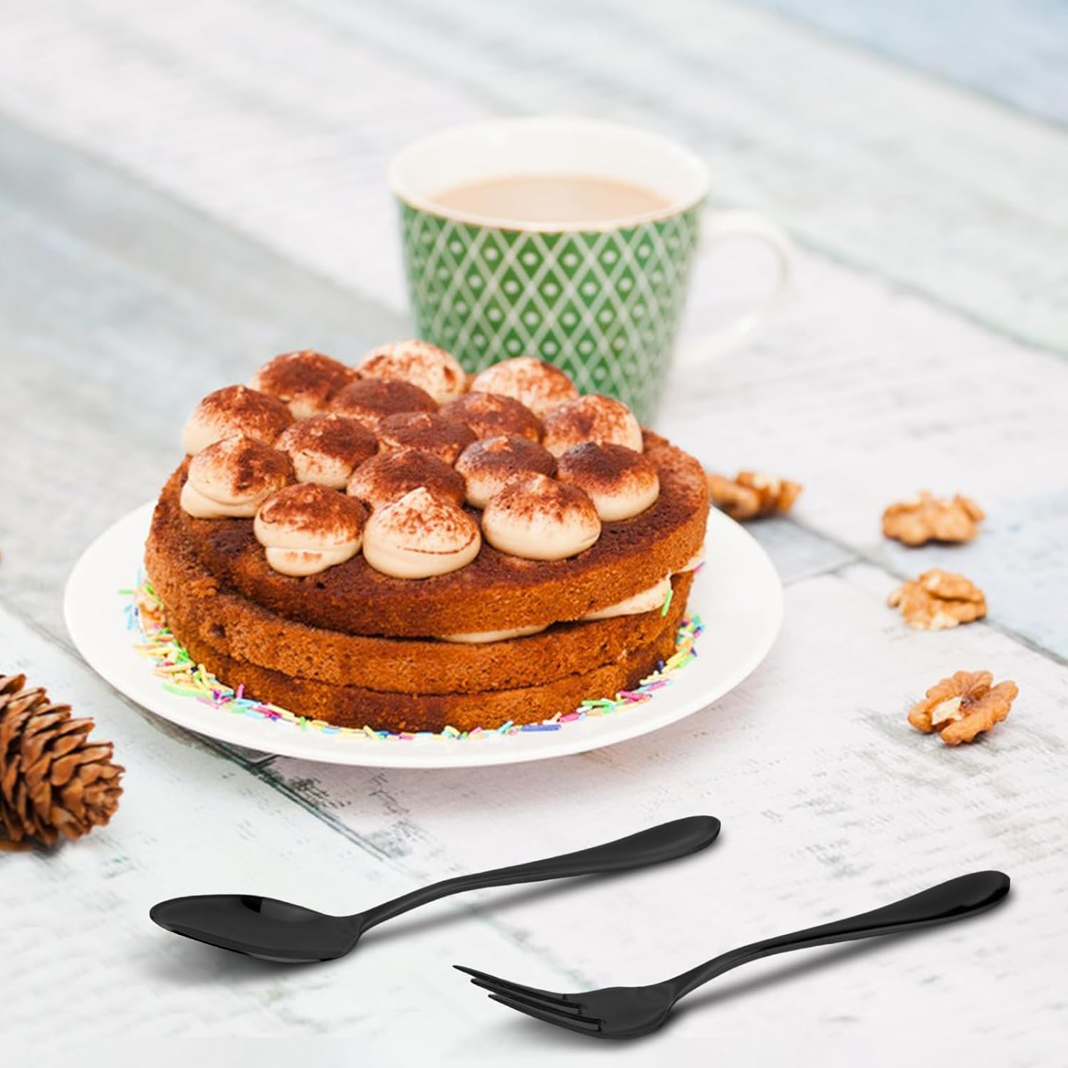 RETON 12 Pcs Dessert Forks and Spoons Silverware Set, Stainless Steel Mini Forks and Spoons, Small Appetizer Cocktail Fruit Forks, Mini Coffee Spoons Teaspoon for Kitchen (6 Forks+6 Spoons) (Black) - Black image number 2