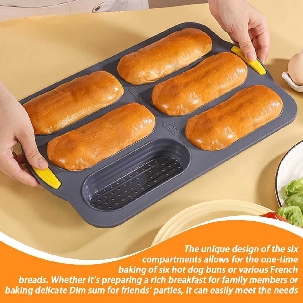 Baguette Pan,Loaf Pan,Silicone Bread Loaf Pan,French Bread Pan,Hot Dog Bun Mold,With Comfort Grip for Kitchen Baking, Open Hole Silicone Baking Mold,Grey and Yellow image number 2