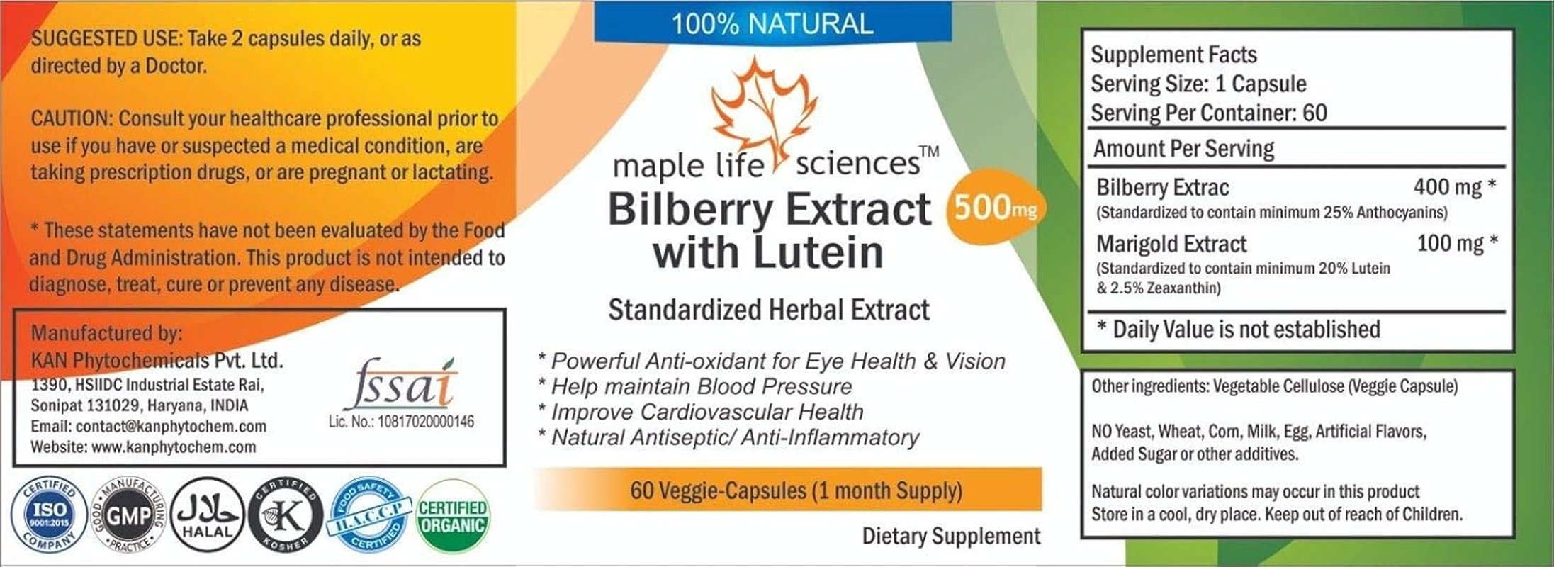 Bilberry (Anthocyanins) and Marigold (Lutein, Zeaxanthin) Extract - 500Mg - 60 Vegan Capsules - Vision Health