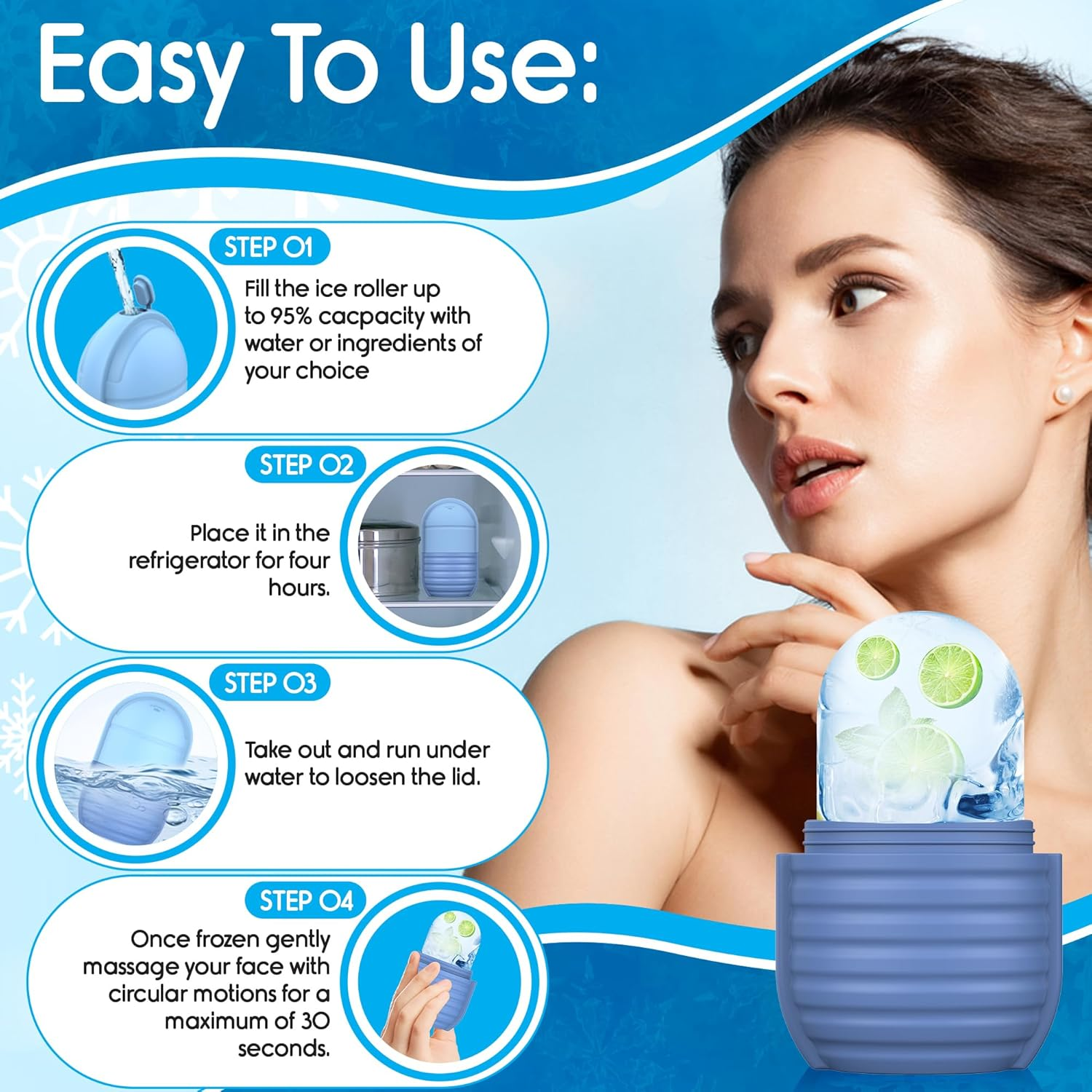 2Pcs Ice Roller for Face and Eye, Ice Face Roller, Reusable Silicone Ice Mold for Face, Facial Beauty Ice Roller Skin Care Tools for Shrink Pores anti Wrinkle Reduce Puffiness (Blue + Pink) - Black image number 6