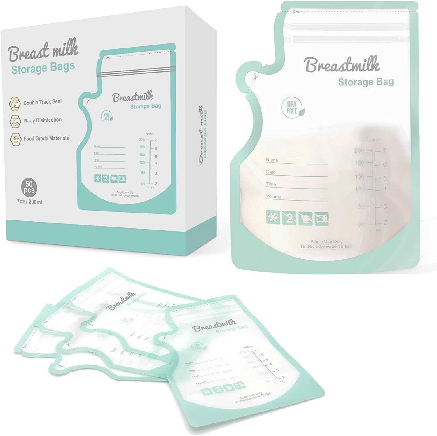 QIUXQIU Breastmilk Storing Bags for Breastfeeding Disposable Milk Storage Bag with 6 Ounce No-Leak Milk Freezer Storage Pouches 50 Count (Green)