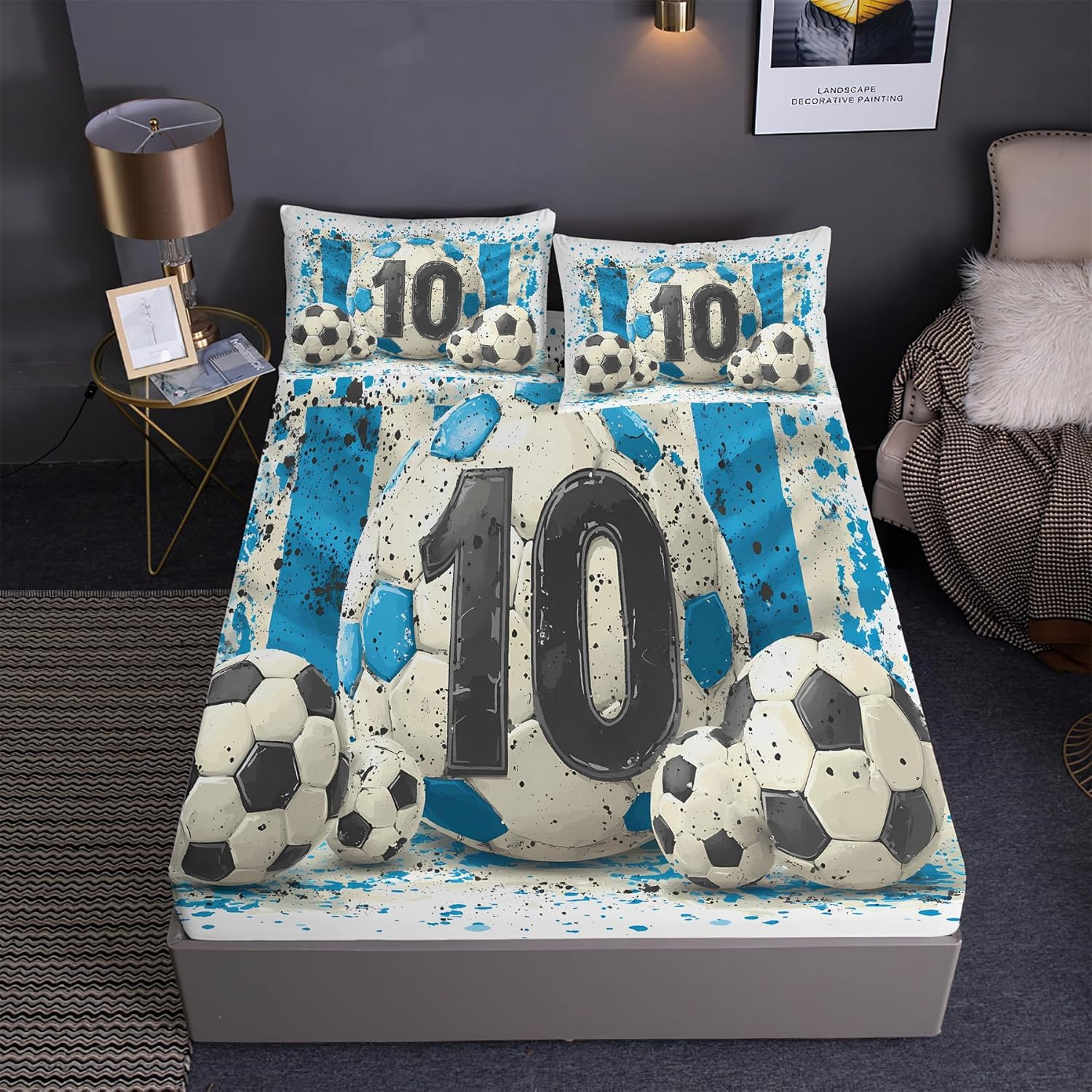 Soccer Ball Prints Fitted Sheet Set Hand Drawn Sports Series Football Fans Bedding Set | with Fitted Sheet and 2 Pillowshams(3Pcs) or Comforter(4Pcs) (Queen-3Pcs,A)