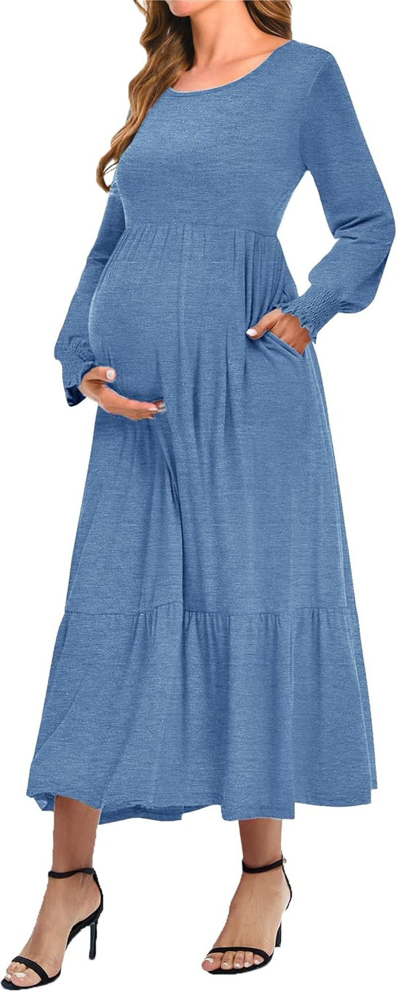 Women Nursing Dress Crew Neck Fall Maternity Flowy Long Sleeve Smocked Cuffs Tiered Cocktail Dresses with Pockets image number 4