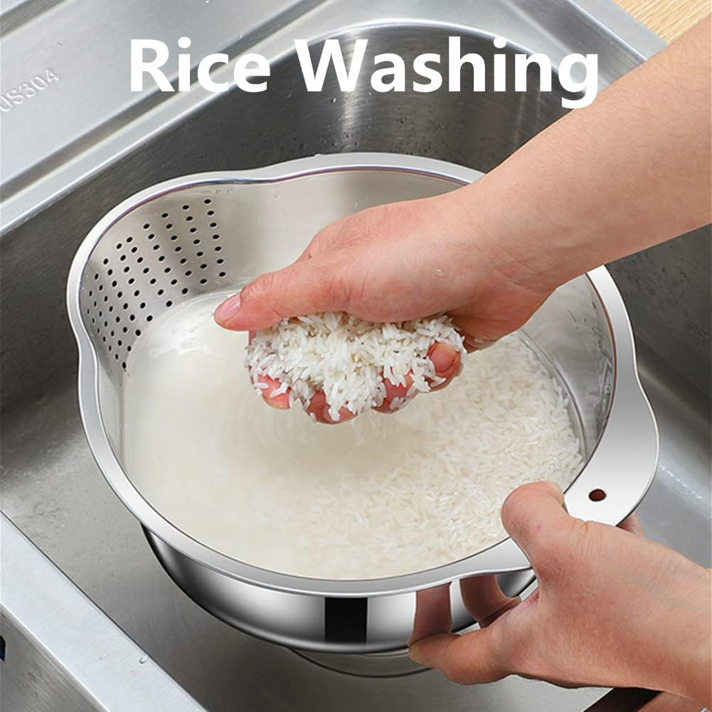 Stainless Steel Rice Washing Bowl Versatile 3 in 1 Colander Strainer for Kitchen Vegetables Fruits Silver 9.84 In