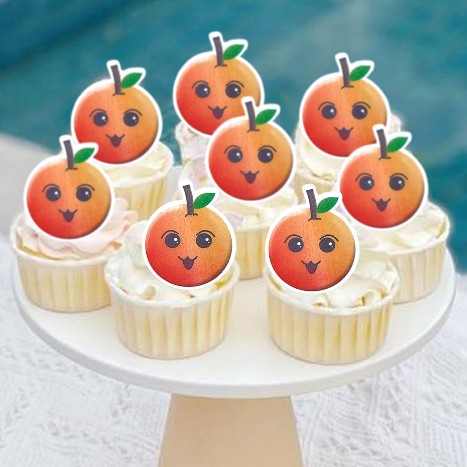 50Pcs Cartoon Fruit Smiley Cupcake Decoration, Edible Wafer Paper Creative Apple Banana Cherry Baby Full Moon Birthday Festival Series Theme Party Dress up Plug-In (Orange 50Pcs) image number 4