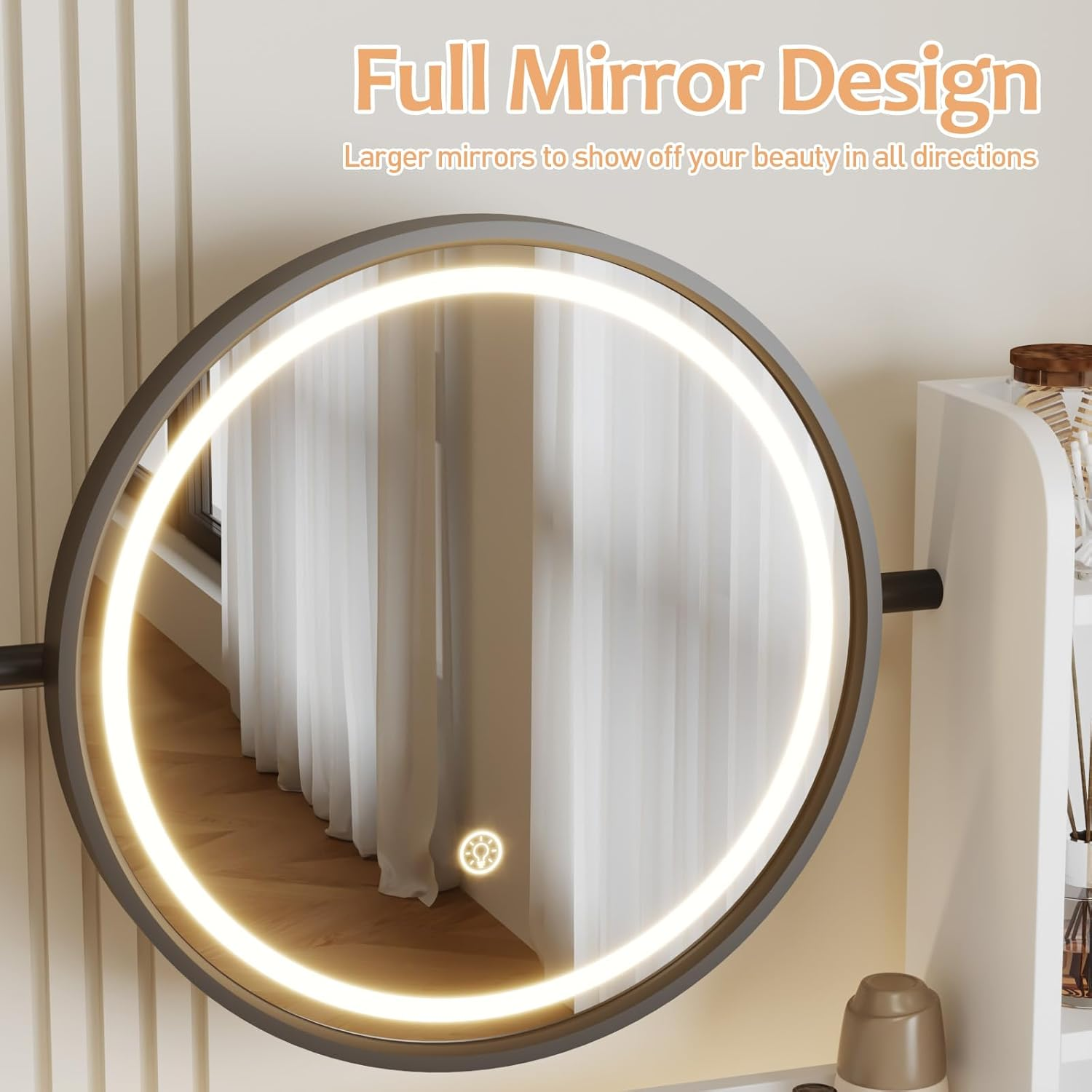 Advwin Dressing Table with 360&deg;Adjustable Mirror, Power Outlet and 3-Color LED Light, Makeup Vanity Desk Stool Set with 2 Drawers, 2 Trays and 3 Shelves for Bedroom (White Black) image number 2