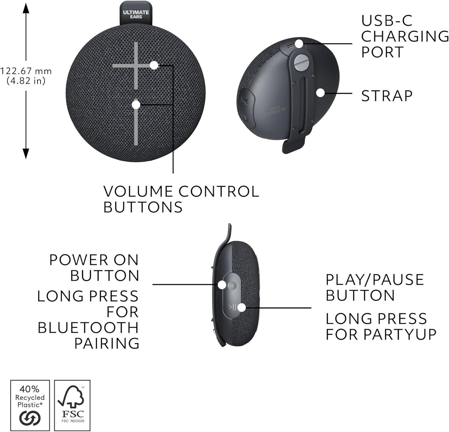 ULTIMATE EARS MINIROLL Ultra-Portable Waterproof Bluetooth Speaker, Big Bass, IP67 Dustproof, 40 M (131 Ft) Range - Black