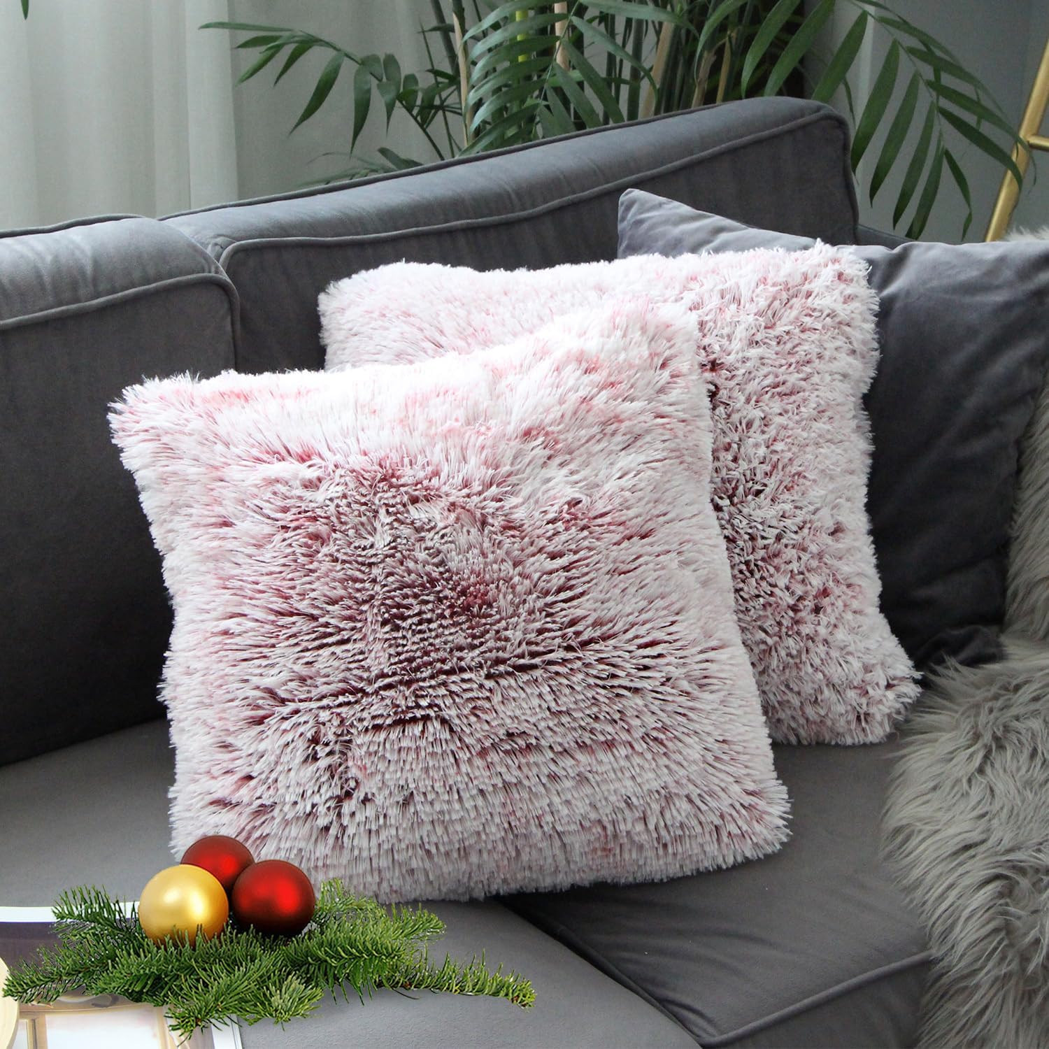 Uhomy 2 Packs Home Decorative Luxury Super Soft Plush Faux Fur Throw Pillow Cover Cushion Case, Double Sides Fur, for Sofa/Bed 18X18 Inch 45X45 Cm Red Ombre image number 2