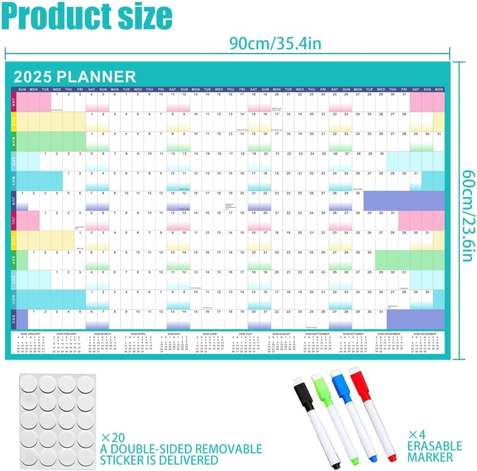 Geli 2025 Year Wall Planner Large 60X90Cm Laminated Wall Calendar with Stickers and Dry Wipe Pen image number 4