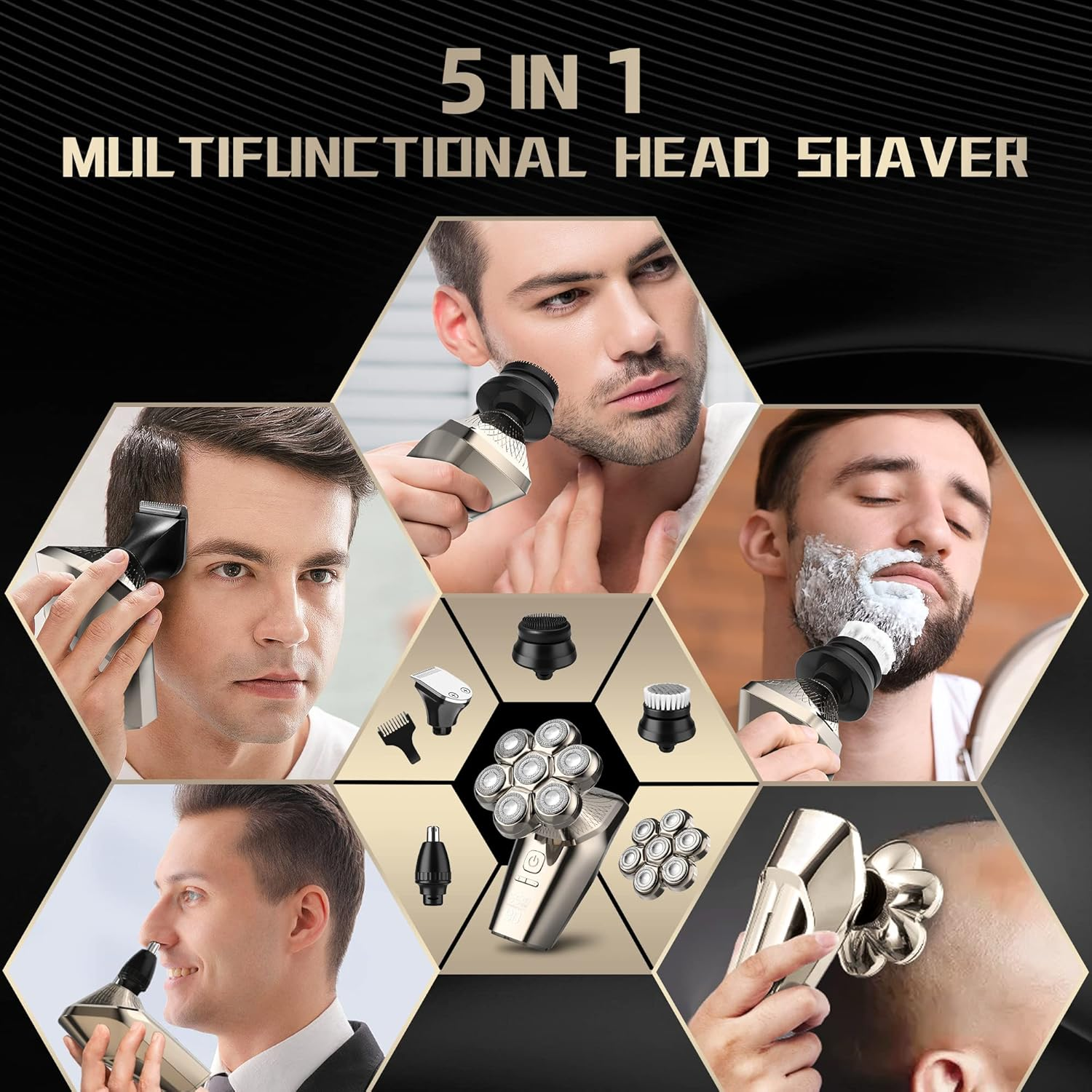 Head Shaver for Bald Men Electric Razor for Men 5-In-1 Multifunctional Electric Head Shaver Wet/Dry 7D Rotary Shaver Grooming Kit Rechargeable LED Display with Clippers, Nose Trimmer, Brush, Massager image number 6