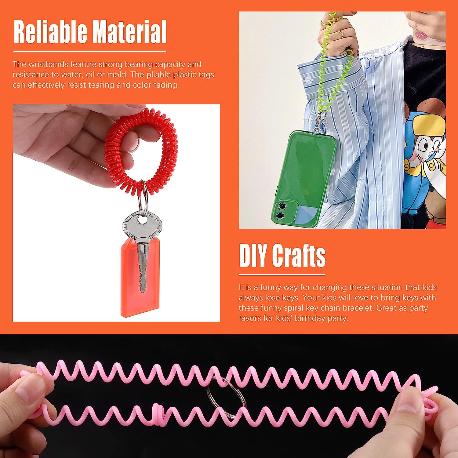 Tanstic 78Pcs 6 Colors Tough Plastic Key Tags and Stretchy Keychain Bracelet Kit, Plastic Key Label with Split Ring and Label Window Key Chain Tags Wrist Coil Keychain Wristband Key Ring image number 1
