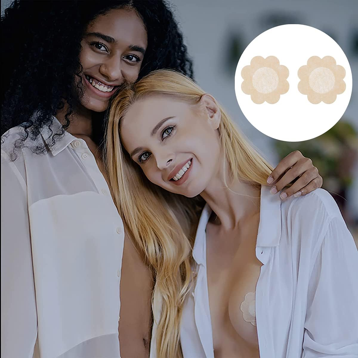 Nipple Cover, 40 PCS Disposable Breast Covers Self-Adhesive Petal Bra Pasties for Women (Round & Flower Shape) Nude image number 3