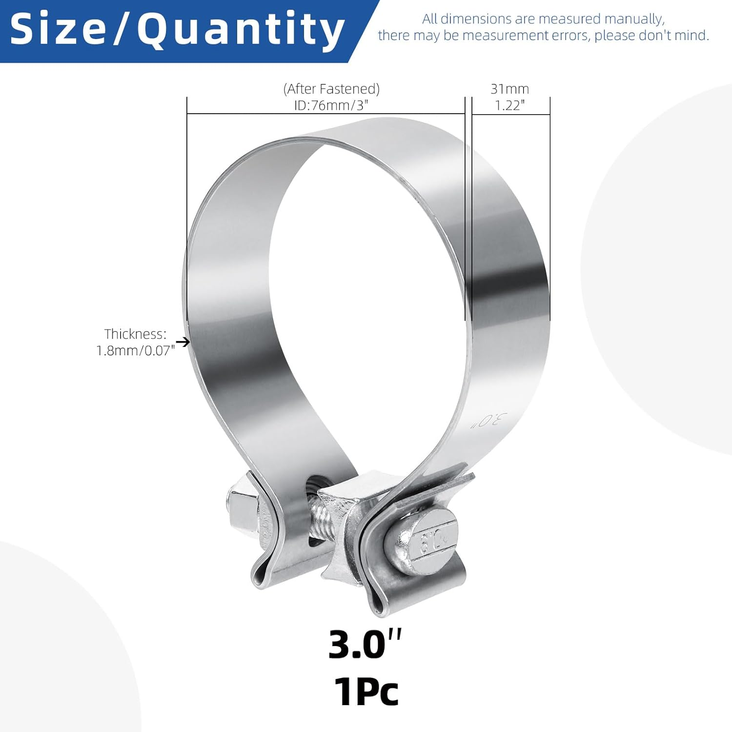 Glarks 1Pcs 76MM (3In) Exhaust Clamps 304 Stainless Steel Muffler Clamps Narrow Band for Exhaust Tail Pipe, Mufflers, Catalytic Converters image number 4
