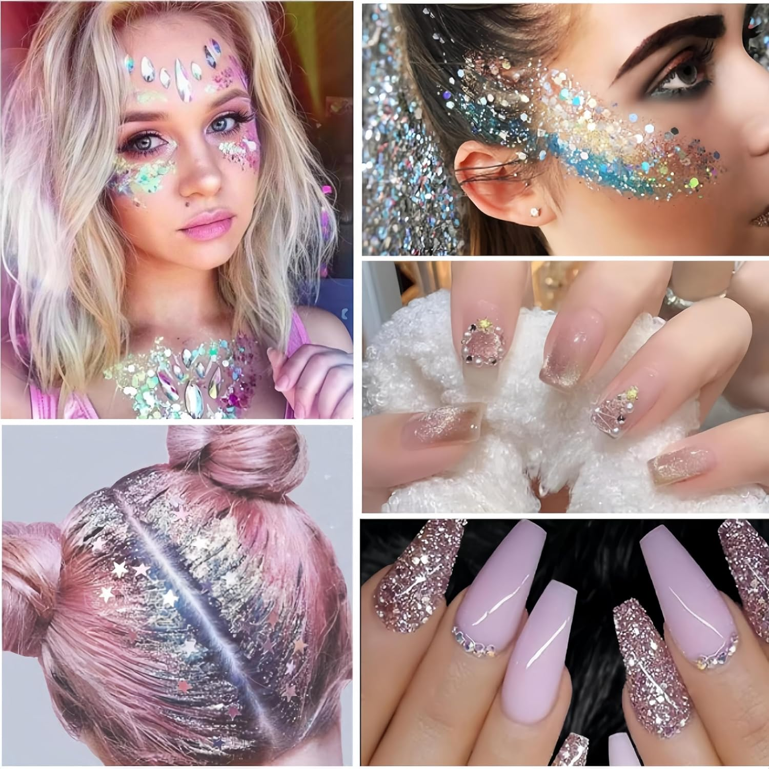 24 Jars Holographic Chunky Glitter for Crafts, Resin, Hair Face Body Makeup Nail, Crafts, Party Christmas Decorations, Different Size Hexagons Shaped image number 1