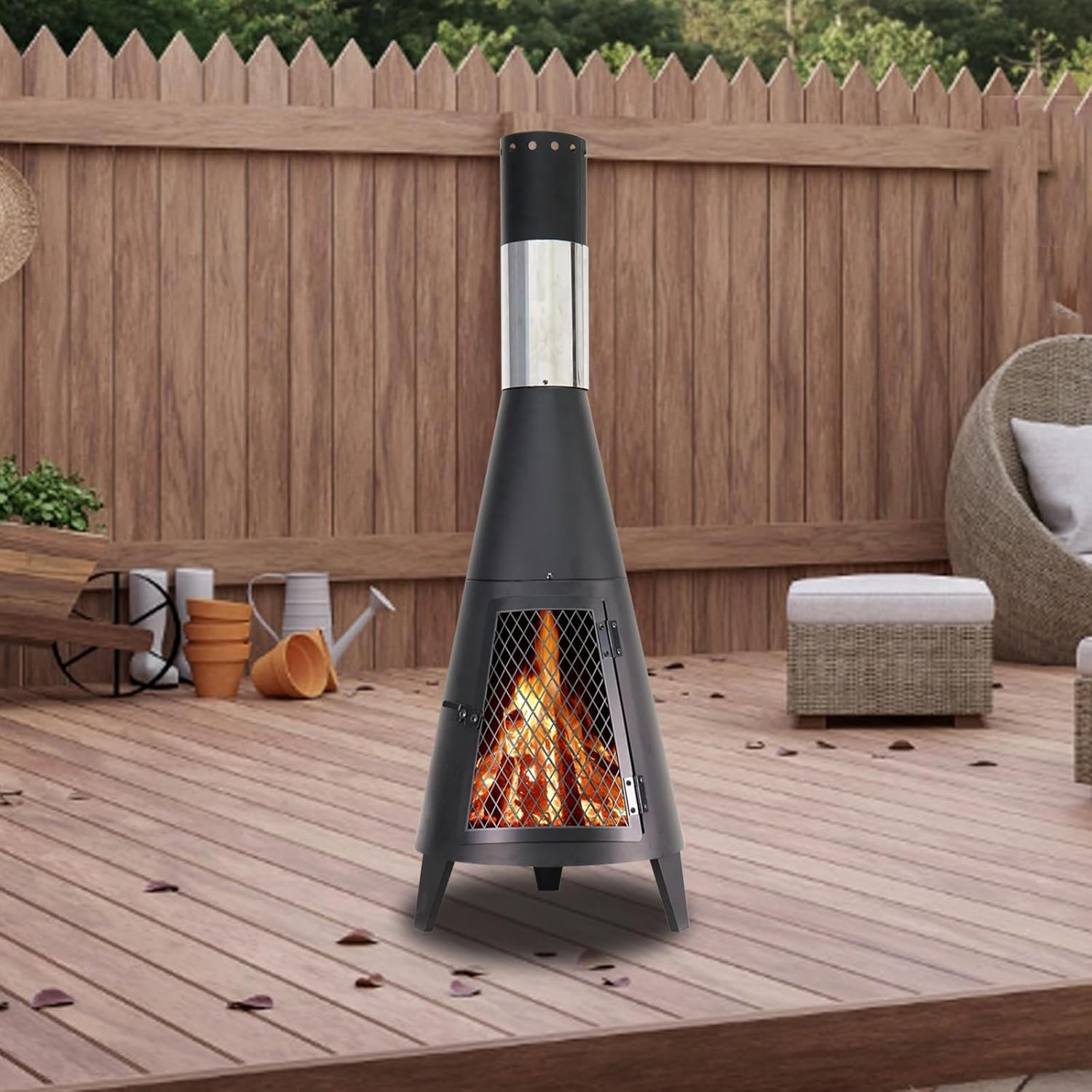 BDL Chiminea Outdoor Fireplace Outdoor Wood Burning Fire Pit Free Standing Fireplace with Log Grate, Mesh Screen for Patio, Backyard, Garden-Black image number 6