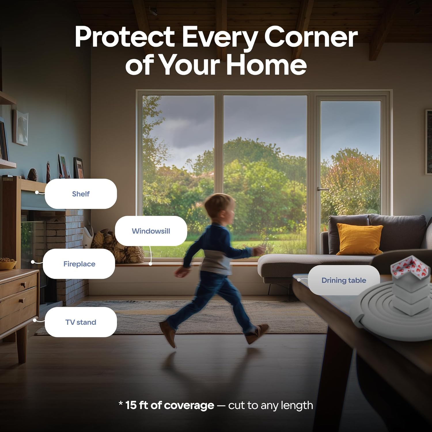 Sharp Edge and Furniture Safety Guards | 16.2Ft Protective Foam Cushion | 15Ft Bumper 4 Adhesive Childsafe Corners | Baby Child Proofing Foam Set and Safe for Table, Fireplace, Countertop | Gray - Black image number 3