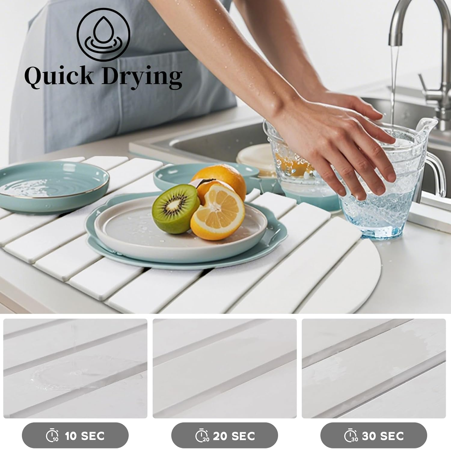 Stone Dish Drying Mats for Kitchen Counter & Sink, Large Quick Dry Collapsible Absorbent Diatomaceous Earth Dish Drying Mat for Dishes Bottles Cups Any Countertop (White-Oval, 60X39Cm) image number 1